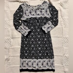 Taylor Black and White Geometric Abstract Long Sleeve Midi Dress